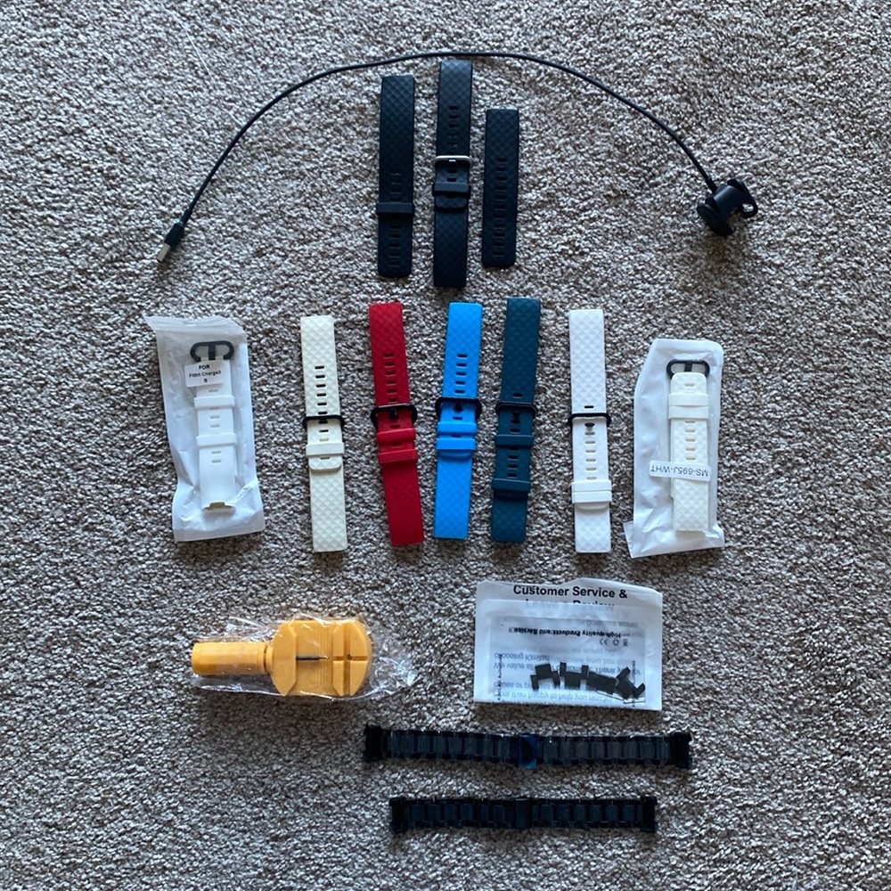 FitBit Charge 3 charger and watch bands White Grey Blue Red